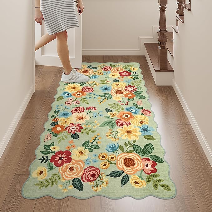 DUKINO 2x4 Washable Runner Rugs, Non Slip Floral Print Entryway Rug with Soft Low Pile, Lightweight Mat for Living Room, Bathroom, Bedroom, Kitchen, Green