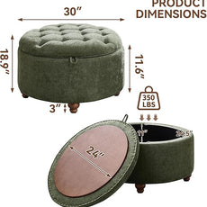 30Inch Round Storage Ottoman with Tray, Modern Tufted Circle Coffee Table with Storage, Upholstered Ottoman with Removable Top for Living Room, Bedroom, Chenille Green