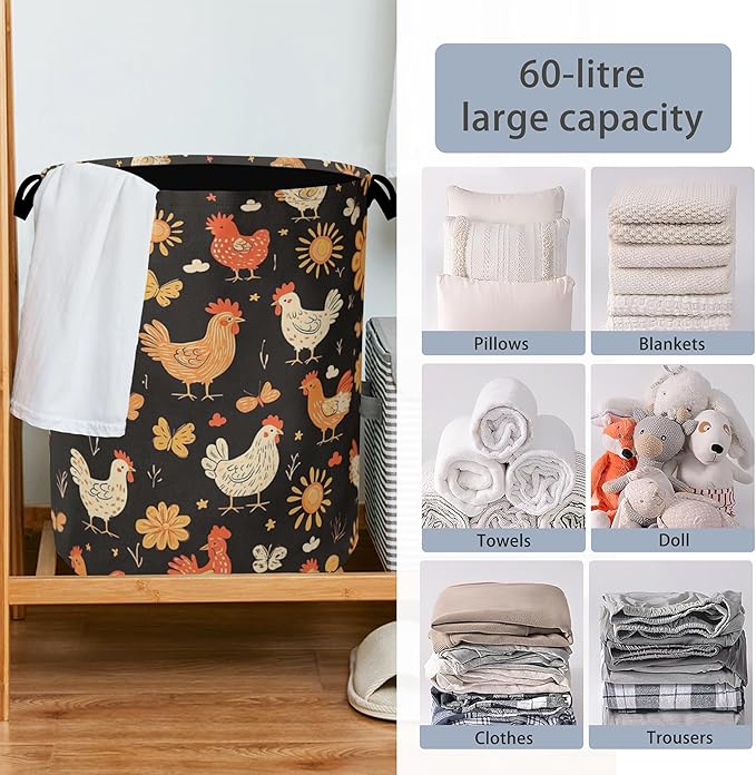 Cute Roosters Laundry Basket,Flower Butterfly Foldable with Handles Tote Bag Oxford Cloth for Bathroom Bedroom Dirty Clothes Storage Bucket 16" x 20.8"