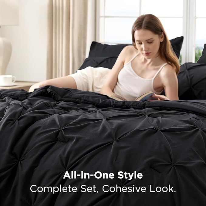 Bedsure Full Comforter Set Black - Bed in a Bag Full Size Bedding Set 7 Pieces, GentleSoft™ Pintuck Bed Set Gift for Family, Pinch Pleat All Season Comforter with Sheets, Pillowcases & Shams
