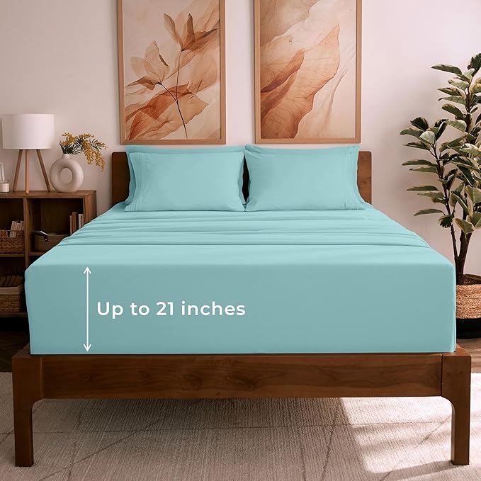 Mellanni California King Sheet Set - 6-Piece Iconic Collection Bedding, (Including 4 Pillowcases), 21-Inch Extra Deep Pocket, Easy Care, Ultra Soft, Cooling Sheets, Brushed Microfiber - Aqua