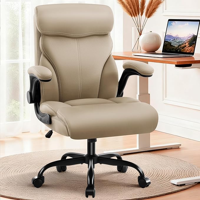 Office Chair - Executive High Back Breathable Comfy Desk Chair with Lumbar Support - Ergonomic Leather Rolling Swivel Computer Chair with Rock Function for Working Studying Gaming Relaxing