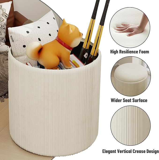 Twira Round Ottoman with Storage Set of 2, Velvet Nesting Ottoman for Living Room,Bedroom,Dorm,RV, Flip-up Lid Coffee Table, Upholstered Makeup Vanity Stool,Multifunctional Foot Rest 330lbs Load Beige