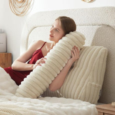 Headboard Pillow + A Long Neck Roll Pillow Body Pillow，Faux Fur Headboard Wedge Pillow with Removable Cover (Beige, Twin：39x8x20 inches)