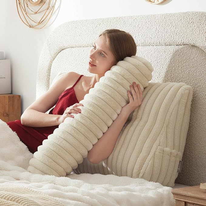 Headboard Pillow + A Long Neck Roll Pillow Body Pillow，Faux Fur Headboard Wedge Pillow with Removable Cover (Beige, Twin：39x8x20 inches)