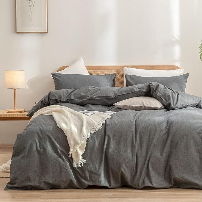 BESTOUCH Duvet Cover Set 100% Washed Cotton Linen Feel Super Soft Comfortable Chic Lightweight 3 PCs Home Bedding Set Solid Dark Grey Oversized Queen