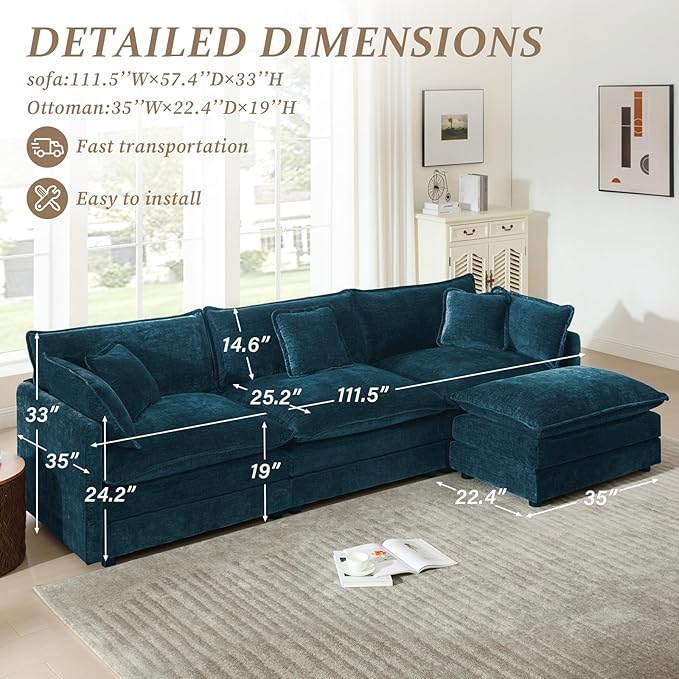 SoarFlash Chenille Sectional Sofa, Comfy L Shaped Modular Coush Sofa with Ottoman, Modern 3 Seat Couch Deep Seat Sofa Set for Living Room,Deep Blue