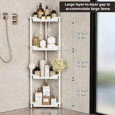 Orimade Rustproof 4 Tier Floor Standing Corner Shower Caddy Organizer, Plastic Metal Splicing Floor Corner Shelf Rack Stands for Bathroom, White