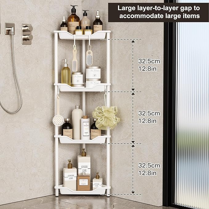 Orimade Rustproof 4 Tier Floor Standing Corner Shower Caddy Organizer, Plastic Metal Splicing Floor Corner Shelf Rack Stands for Bathroom, White