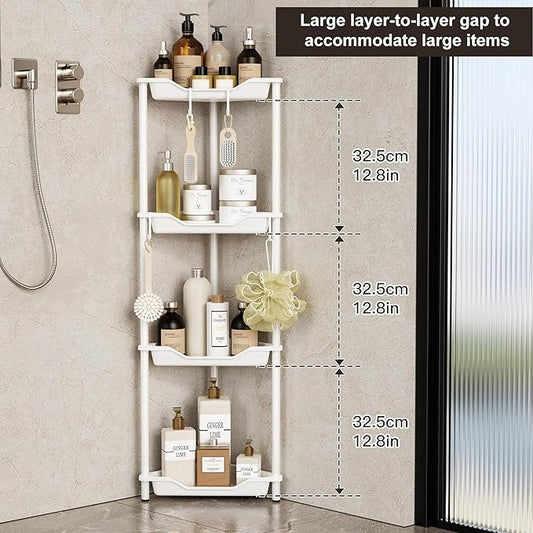 Orimade Rustproof 4 Tier Floor Standing Corner Shower Caddy Organizer, Plastic Metal Splicing Floor Corner Shelf Rack Stands for Bathroom, White