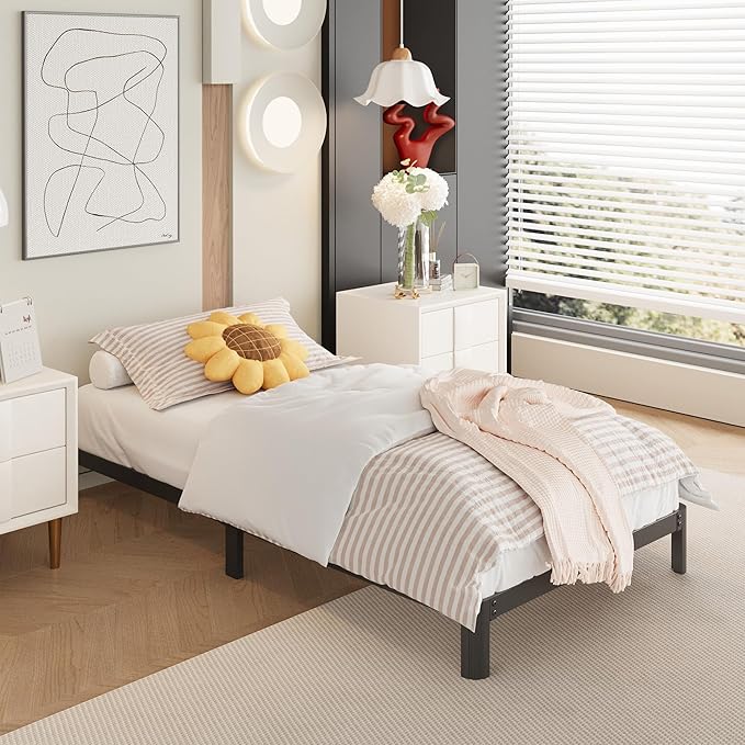 9 Inch Twin Bed Frames with Rounded Corner Legs, Heavy Duty Metal Twin Size Platform Bed Frame No Box Spring Needed, Easy Assembly, Noise Free, Black