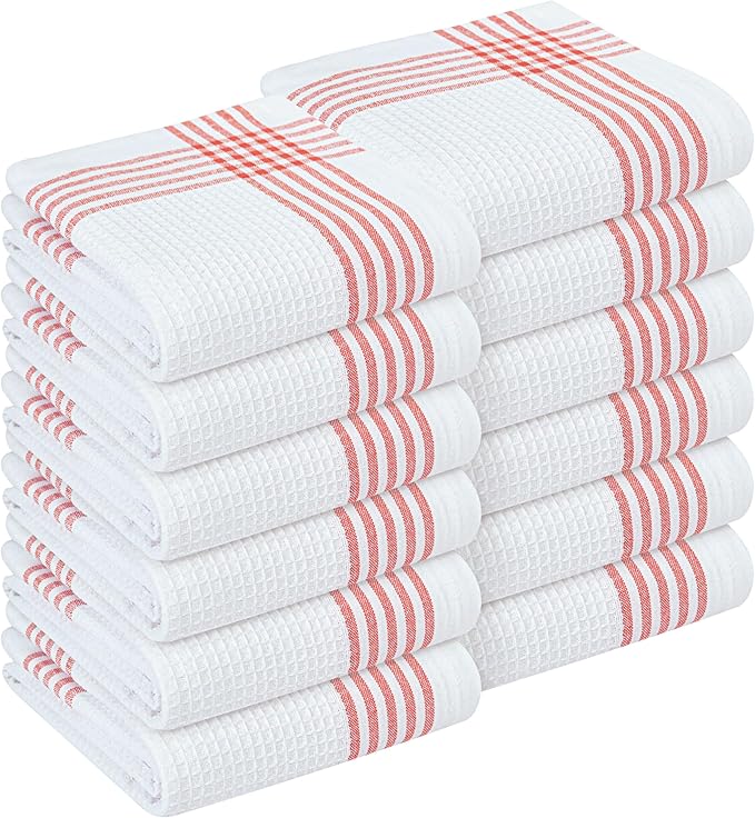 Red and White Waffle Weave Kitchen Towels 12 Pack, 16x26 Inch, Cotton Dish Towels with Hanging Loop, Quick Dry, Absorbent, Machine Washable, Durable for Kitchen & Cleaning