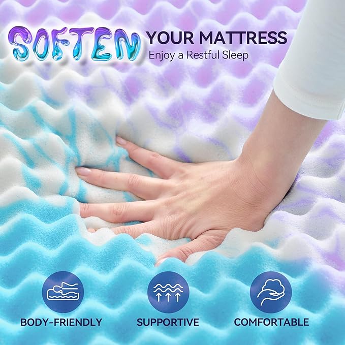 SINWEEK 3 Inch Egg Crate Memory Foam Mattress Topper Full Size, Soft Mattress Pad for Back Pain Relief, Bed Topper, CertiPUR-US Certified, Colorful