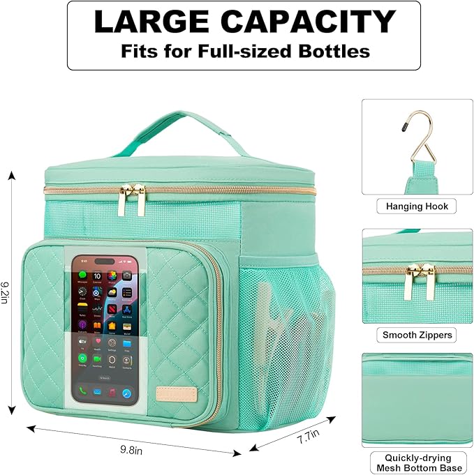 Portable Shower Caddy (Full Size Bottle Compatible),Travel Shower Tote Bag with Quick Dry Mesh Base,Hanging Toiletry Cosmetic Bag for Gym,College,Camping & Dorm, Mint Green