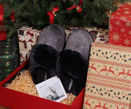 KuaiLu Womens Fluff Dual Memory Foam Slippers Ladies Cozy Arch Support Warm Scuff Slippers Slip on Comfy Winter House Shoes with Non-Slip Indoor Outdoor Hard Sole