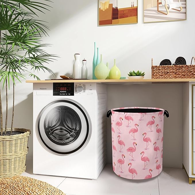 Pink Flamingo Laundry Hamper,Tropical Dirty Clothes Laundry Basket with Handles Waterproof Oxford Cloth Storage Basket for College Dorms Bathroom Bedroom 16" x 20.8"