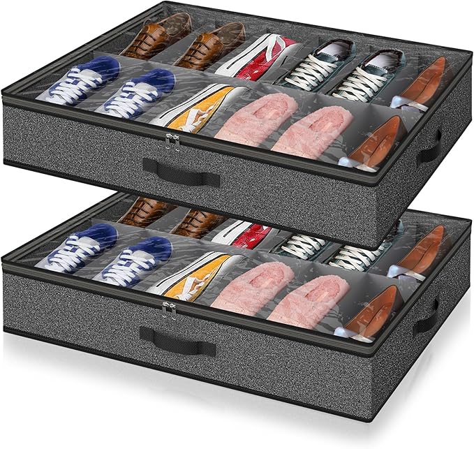 2 Pack Under Bed Shoe Storage Organizer for Closet, Fits Total 24 Pairs Foldable Underbed Shoes Containers Boxes Under the Bed Storage Bedding with Sturdy Handles&Clear Window for College Dorms, Grey