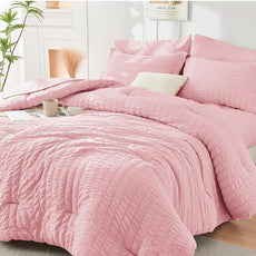 HYMOKEGE Pink Twin Comforter Set Seersucker 5 Pieces, All Season Luxury Bed in a Bag for Bedroom, Bedding Set with Comforters, Sheets, Pillowcase & Sham
