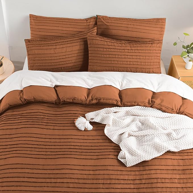 NEXHOME PRO Duvet Cover King Size, Brunt Orange 3 Pieces Boho Tufted Duvet Cover Set, Soft and Lightweight Microfiber Comforter Cover Set for All Season (Brunt Orange King, 104 x 90)-No Comforter