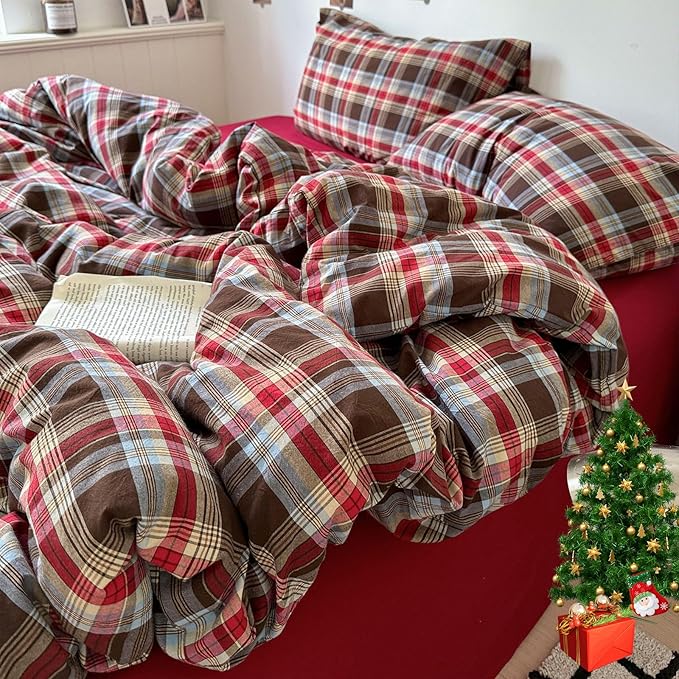 VM VOUGEMARKET Buffalo Gingham Duvet Cover Set Queen,3 Pieces Washed Cotton Bedding Set,Breathable Luxury Plaid Duvet Cover with Zipper Closure for Christmas (Red&Brown)