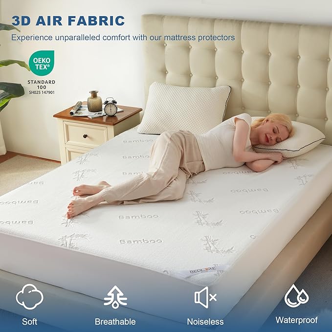 BEDLORE California King Size Waterproof Mattress Protector Viscose Derived from Bamboo, Soft Mattress Cover Fitted with Deep Pocket 6"-18", Breathable Noiseless Mattress Pad, Machine Washable(White)