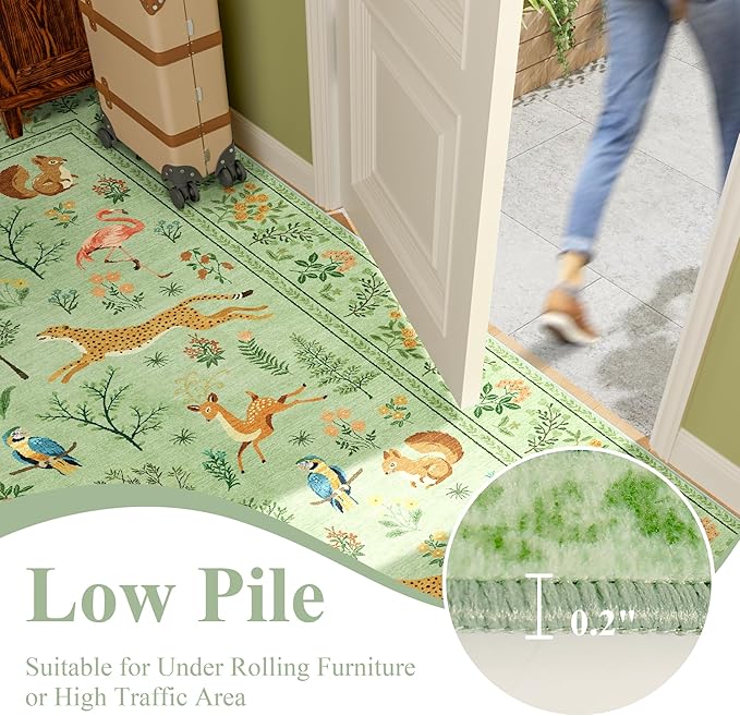DUKINO 2x10 Rug for Hallway, Washable Kitchen Runner Rug with Non Slip Backing, Soft Low Pile Vintage Animal Runner for Bedroom, Kitchen, Hallway, Entryway, Laundry, Light Green