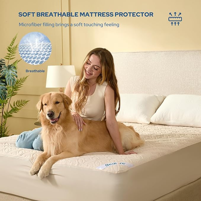 BEDLORE Waterproof Mattress Protector, Full Size Mattress Pad with Deep Pocket 6"-15" Depth, Soft Breathable Double Bed Mattress Cover for Bedroom, College Dorm, Hotel (Beige)