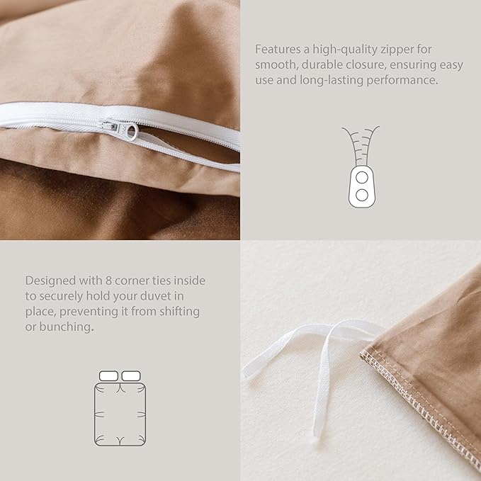 HeimenAogo Egyptian Cotton Duvet Cover Queen Size Sateen Weave, Silky Soft and Breathable Bedding Set with Zipper Closure, Long Staple Cotton Bed Linen Brown 3Pcs (90"×90")