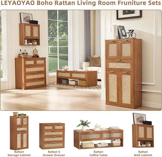 LEYAOYAO 48" Tall Storage Cabinet,Rattan Bathroom Floor Cabinets with 4 Doors & 1Drawer,Boho Kitchen Pantry with Adjustable Shelves,Wooden Cupboard for Living Room,Home Office,Dining,Brown
