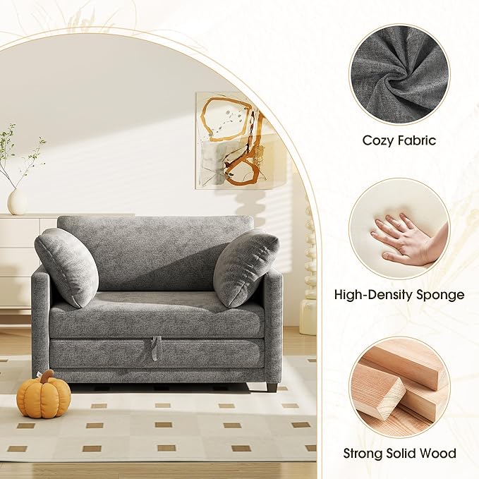 51" Convertible Sofa Bed, 2 in1 Folding Sofa Bed, Loveseat Sleeper Sofa for Small Spaces, Fold Out Floor Couch with 2 Pillows for Apartment, Living Room & Guest Room, Grey Chenille Fabric