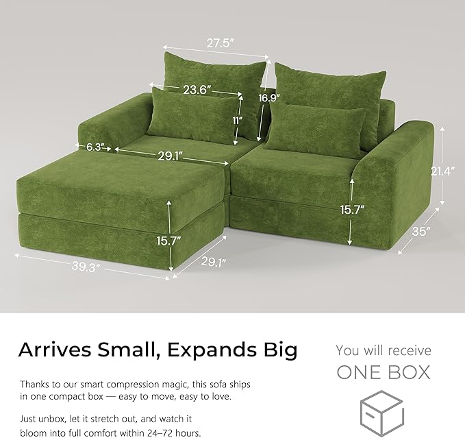 Modular loveseat with Ottoman, L-Shape Boneless Couch, Customizable Sectional Couch, Free Combination Design Sleeper Sofa, Sage Meadow