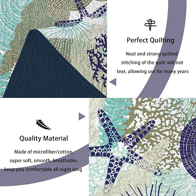 Tritard 3 Piece Coastal Quilt Sets Full/Queen Size - Reversible Microfiber Quilts with 2 Shams Soft Lightweight Beach Bedding Nautical Bedspread Coverlet Summer Comforter for All Season, 90''x96'', C6