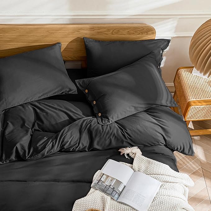 JELLYMONI Cotton Duvet Cover Queen Size - Pure Black Comforter Cover with Button 100% Washed Cotton 3PCS Breathable Soft Solid Bedding Set Duvet Cover 90×90in & 2 Pillowcases (NO Comforter)