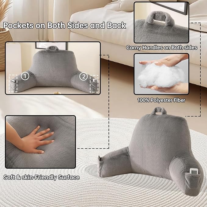 Reading Pillow for Sitting in Bed, Large Backrest Reading Pillow with Arm Rest,Back-Rest Support Cushion for Sit Up on Couch, Sofa, and Floor, Dorm Essentials (Gray Faux Fur, Large(19"))