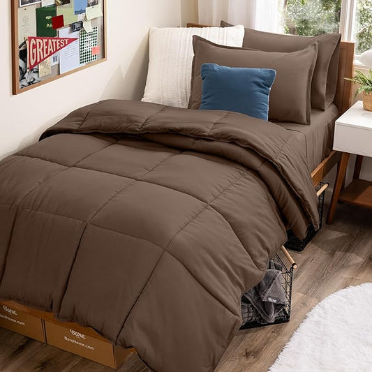 Bare Home Bed-in-A-Bag 5 Piece Comforter & Sheet Set - Twin XL - Goose Down Alternative - Ultra-Soft 1800 Premium Bed Set (Twin XL, Cocoa/Cocoa)