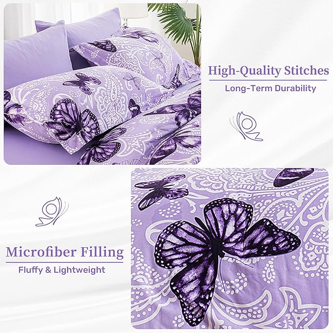ARTALL Bed in A Bag Twin Size 5 Pieces, Purple Paisley Butterfly Bedding Comforter Set All Season Bed Set with 1 Comforter, 1 Pillow Sham, 1 Flat Sheet, 1 Fitted Sheet, 1 Pillowcase