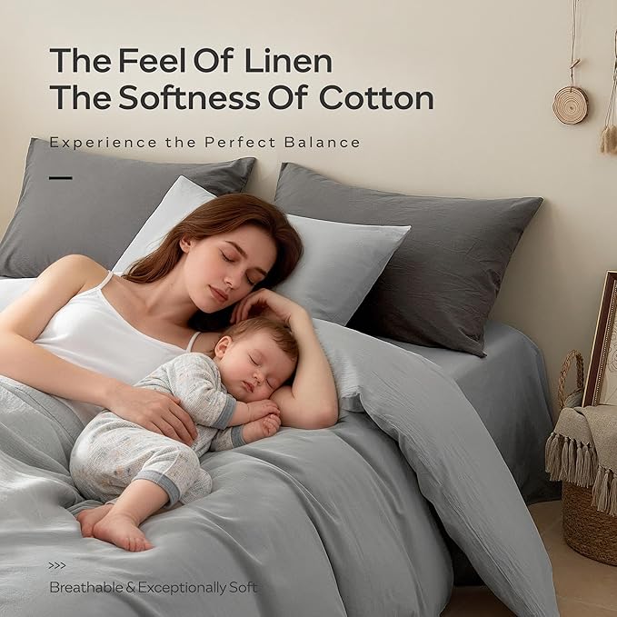 JELLYMONI Duvet Cover Queen Size - Washed Cotton Comforter Cover with Linen-Like Texture,Breathable & Soft Bedding for Modern Home,Guest Room and Everyday Use,Pale Grey 1 Duvet Cover & 2 Pillowcases