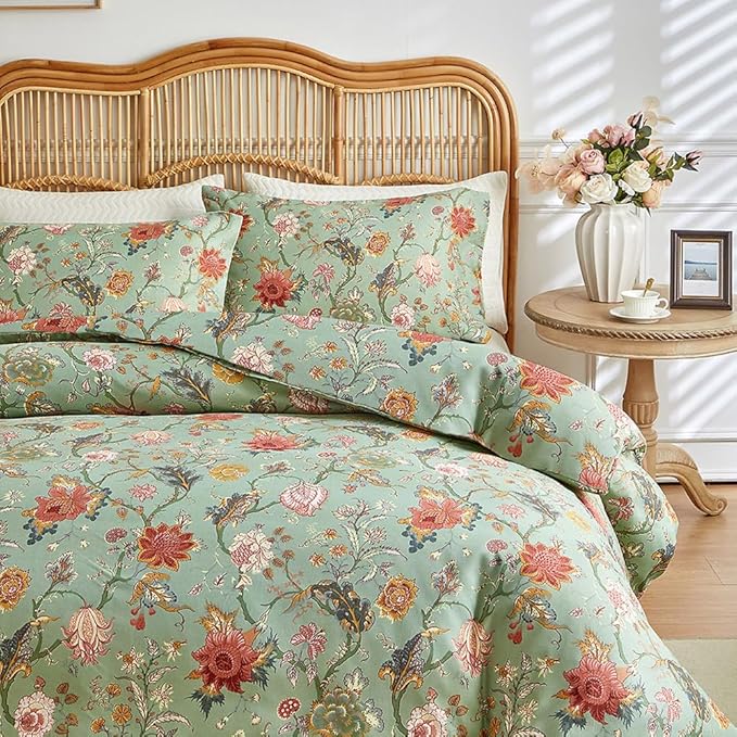MKXI Farmhouse Floral Comforter Set Gorgeous Bed Comforter Print Orange Pink Flowers On Green Queen Size Botanical Comforters Vine Pattern Aesthetic Bedding Comforter for All Season