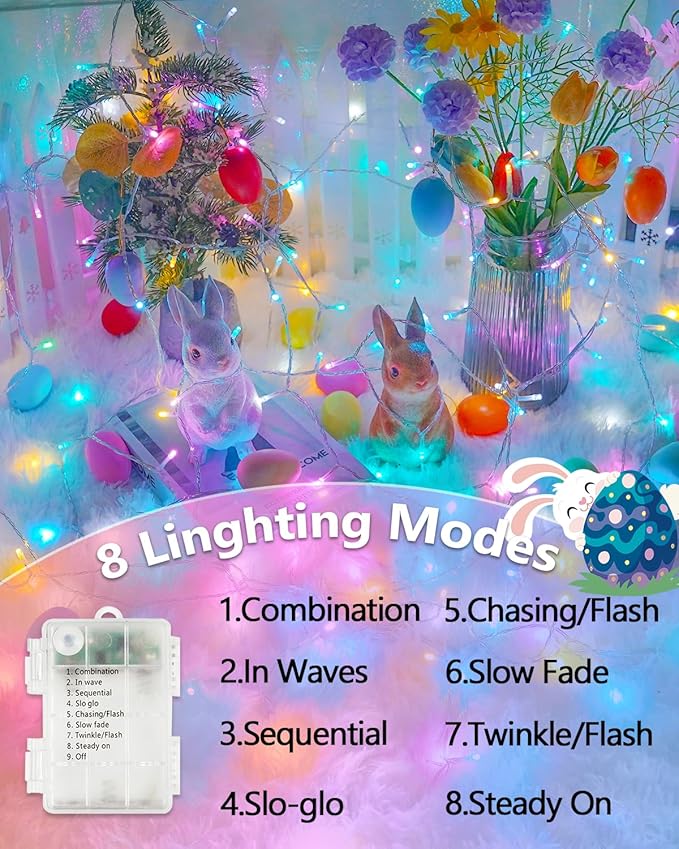 Easter Lights Battery Operated Fairy Lights, 2 Pack 33FT 100LED Multicolor easter String Lights, 8 Modes Waterproof Pastel Light Indoor Outdoor, Twinkle Lights for Room Garden Party Easter Decorations