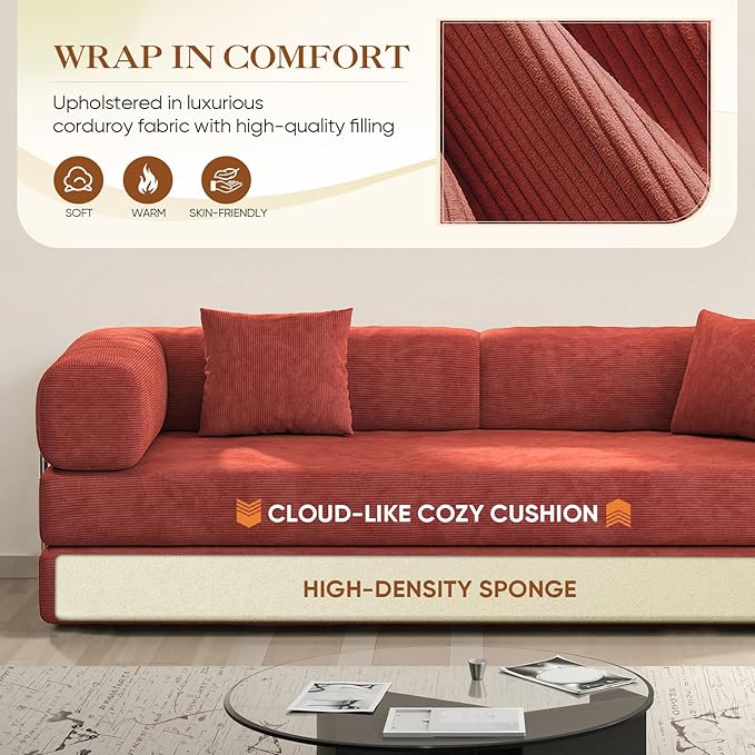 Antetek Convertible Futon Sofa Bed, 3-Seater Modern Corduroy Foam Floor King Size Bed Fold Out Sleeper Lounge Loveseat Sofa Couch with 2 Throw Pillows for Living Room Bedroom Guest Room, Tangerine