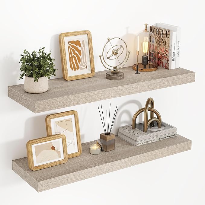 32 Inch Floating Shelves, 3D Textured Wood Grain, 32"x9.25"x1.5" Inch Deep Floating Shelves for Wall, Wooden Shelves for Bathroom, Bedroom, Living Room, Vintage White Oak, 2 Pieces