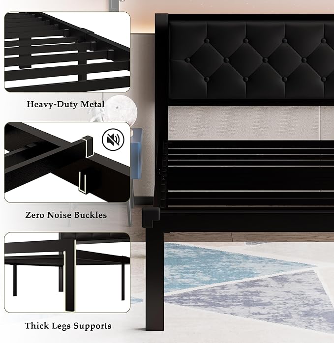 Feonase Twin Size Metal Bed Frame with Faux Leather Button Tufted Headboard, Heavy-Duty Platform Bed Frame with 12" Storage, Steel Slats Support, No Box Spring Needed, Noise Free, Black