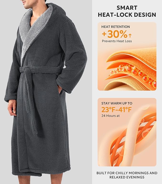 DAVID ARCHY Men's Hooded Robe Soft Coral Fleece Microfiber Bathrobe