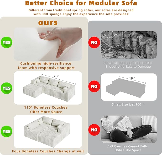 110" Cloud Couch Sectional for Living Room L-Shape Boneless Couches Modular Sectional Sofa with Deep Seat with Chaise,No Assembly Required, Carbon White(Plush Corduroy Fabric)