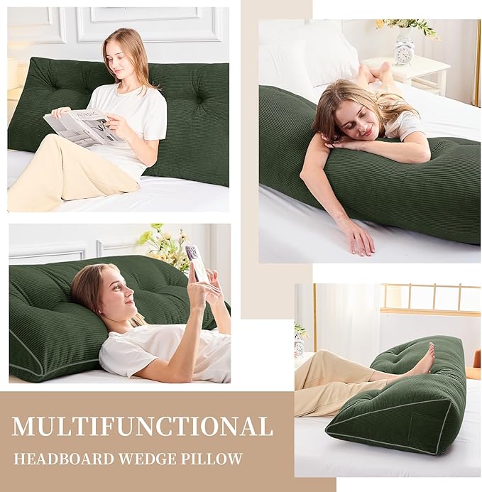 Sasttie Headboard Pillow King, Wedge Pillow Headboard for Sitting Up in Bed, Back-Rest Support Triangular Cushion for Reading - Features Removable Washable Cover, Olive Green