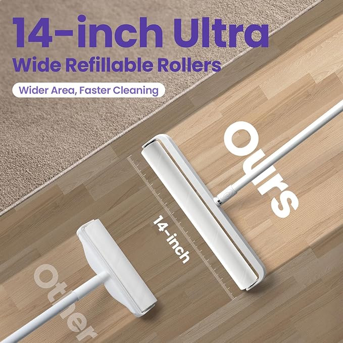 14.17" Extra Large Lint Rollers for Pet Hair, DELOMO Sticky Rollers for Floor with 3 Extendable Handle & 4 Refills (200 Sheets), Long Handle Sticky Mop for Cleaning Carpets, Couches, Furniture, Cars