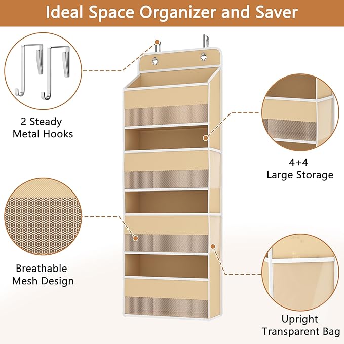 1 Pack 4-Tier Over the Door Organizer, Heavy-Duty Large Deep Pocket Hanging With 4 Large Front & 4 Side Pockets With for Pantry, Kitchen, Bathroom, Dorm, Beige