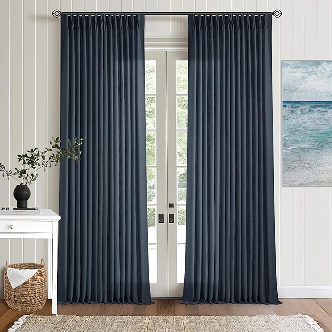 Extra Long Navy Linen Curtains 120 Inches Long Dark Blue Indigo Farmhouse Modern Curtain Light Filtering Semi Sheer Back Tab Pinch Pleat Curtain for Tall Ceiling Living Room Bedroom 2 Panels