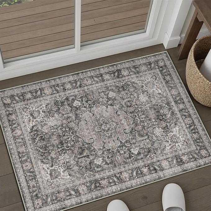 2x3 Washable Vintage Area Rug Black Grey Entryway Kitchen Carpet Non-Slip Soft Low Pile Distressed Indoor Small Throw Rug for Bedroom Bathroom Entrance