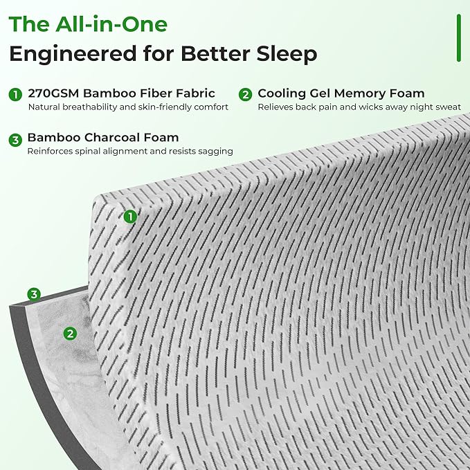 Bamboo Mattress Topper Twin Size 3 Inch, Cooling Gel & Bamboo Charcoal Memory Foam Mattress Topper for Back Pain Relief, Firm Dual-Layer Foam Bed Pad with Removable Cover College Dorm